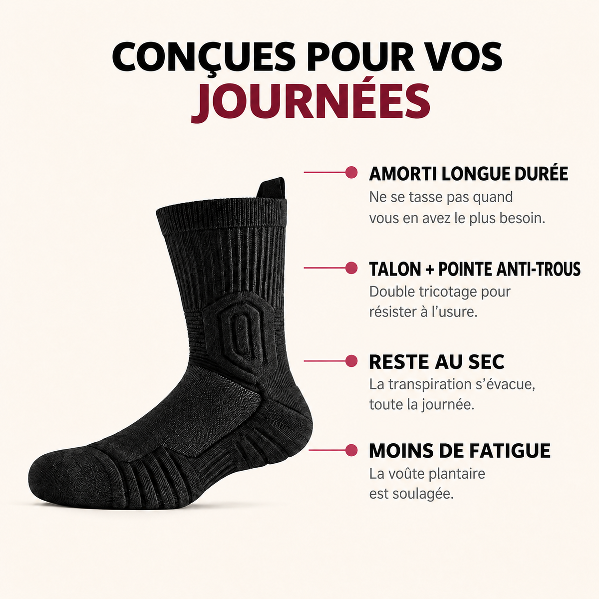 Chaussette Glyde : amorti longue durée, talon et pointe anti-trous, reste au sec