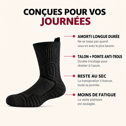 Chaussette Glyde : amorti longue durée, talon et pointe anti-trous, reste au sec