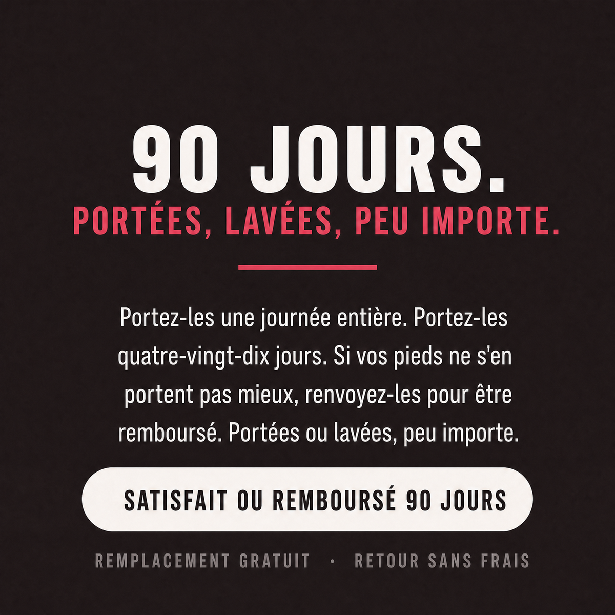 Satisfait ou remboursé 90 jours, portées ou lavées